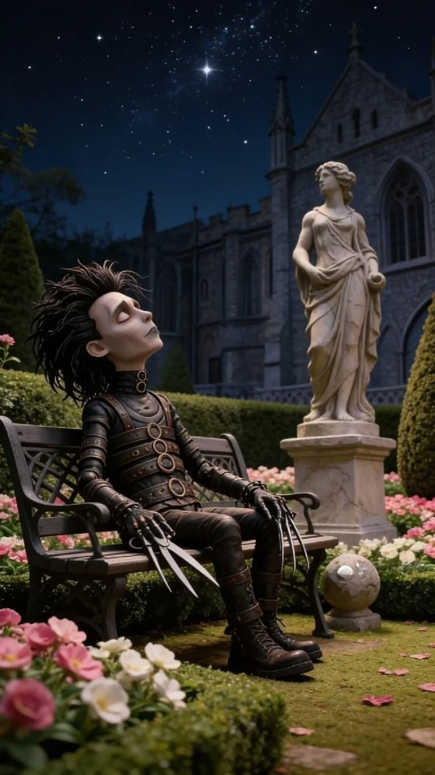 Edward Scissorhands en jardín nocturno — imagen interior