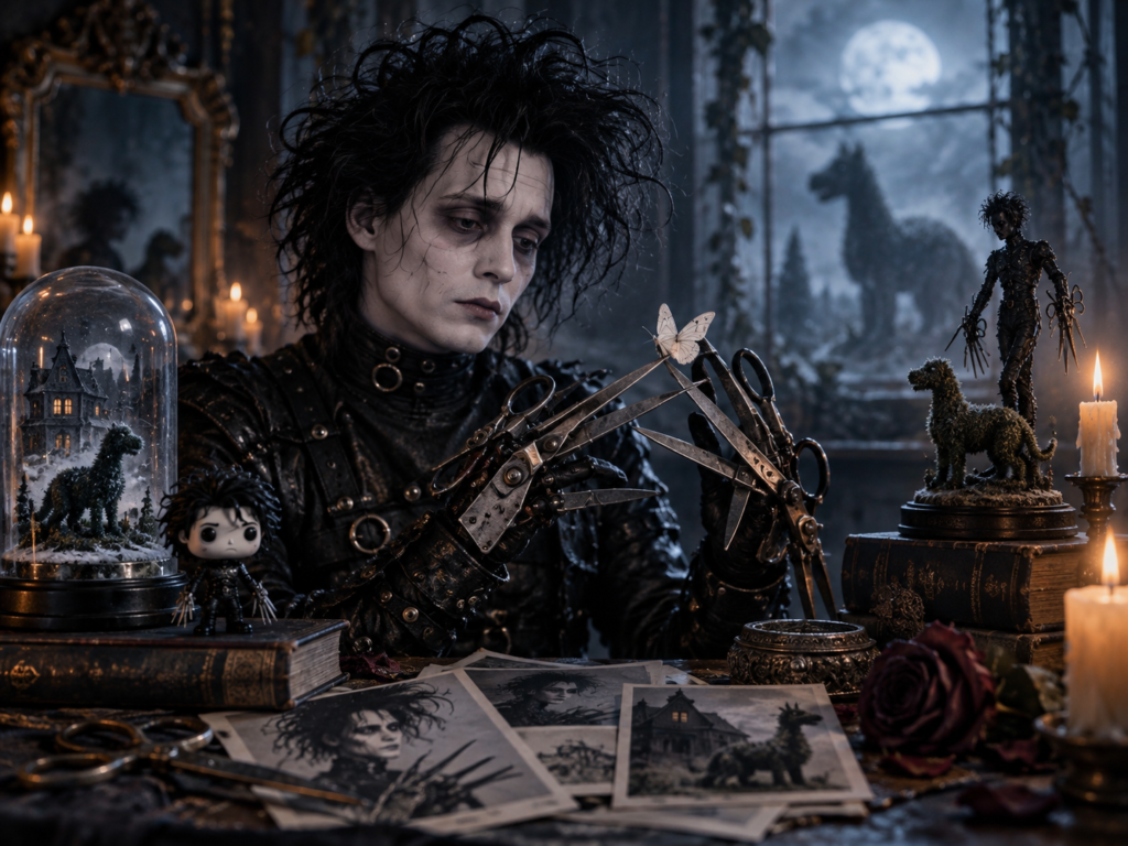 Edward Scissorhands en una composición gótica nocturna para El Portal del Misterio