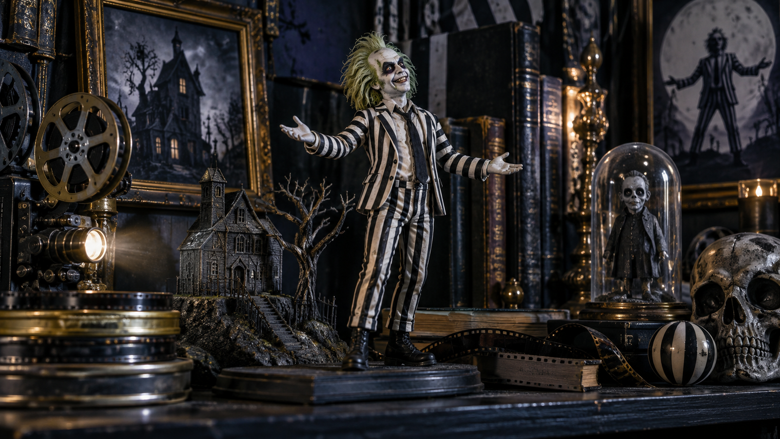 Recreación de una vitrina de coleccionismo inspirada en Beetlejuice