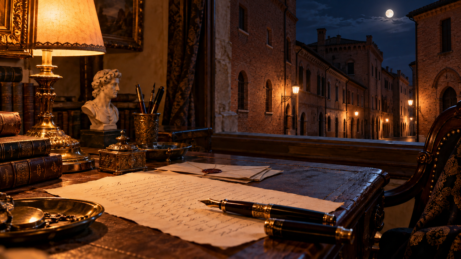 Escritorio de correspondencia junto a una ventana nocturna
