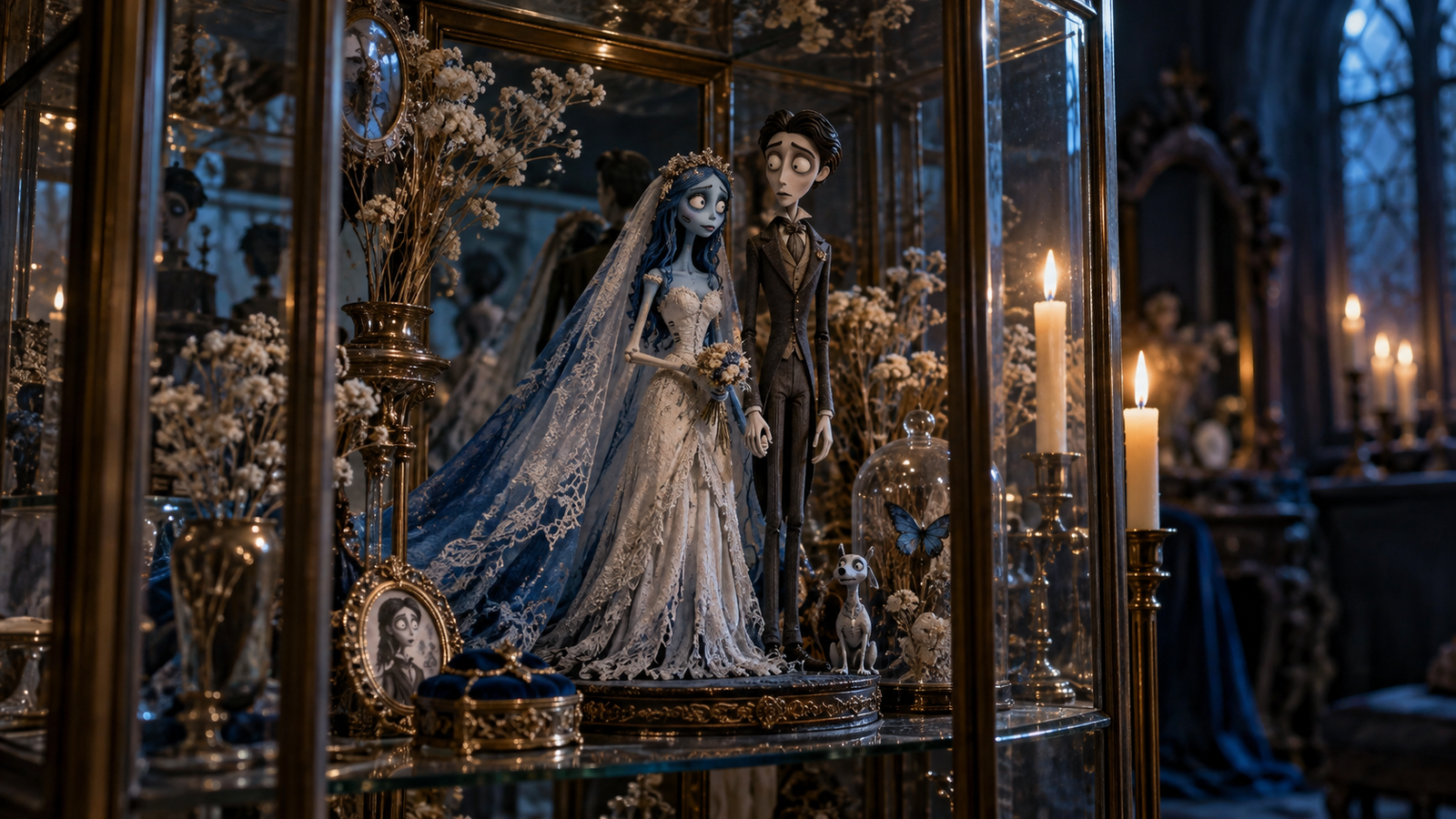Recreación de una vitrina con figuras de Emily y Victor