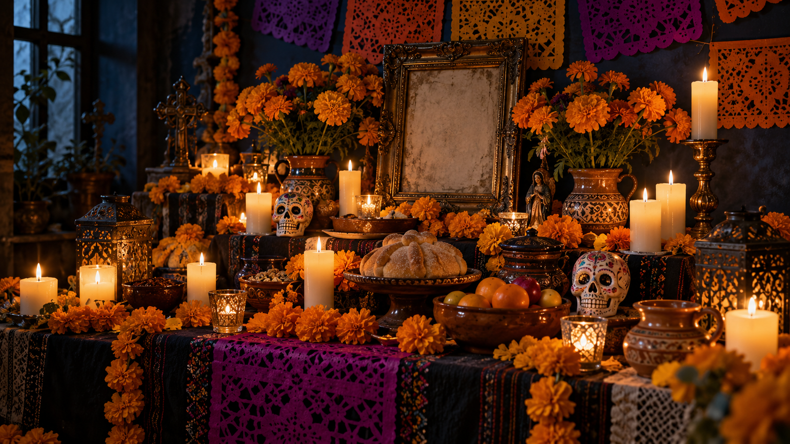 Ofrenda con cempasúchil, velas y papel picado