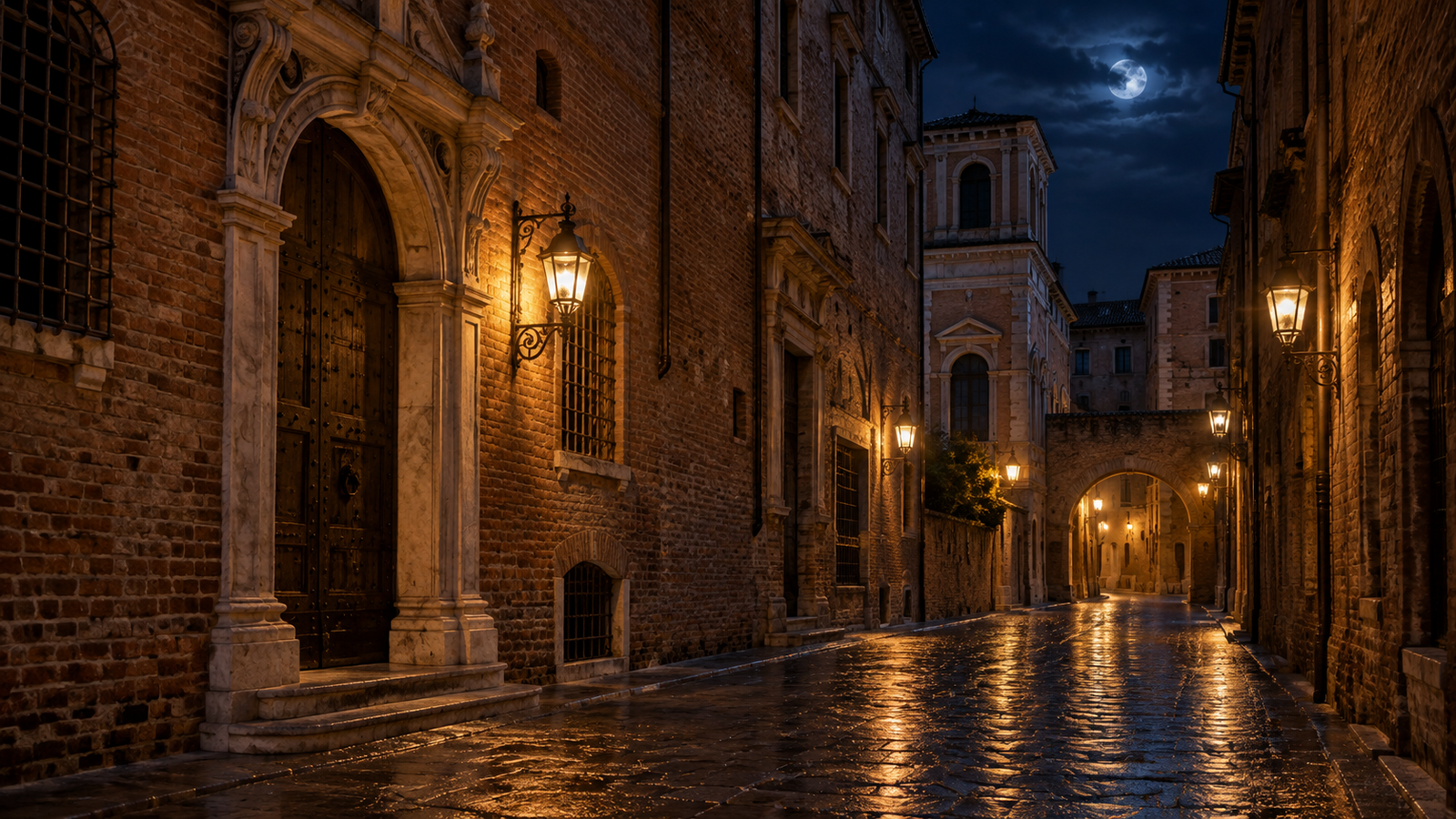 Evocación artística de una calle italiana de ladrillo al anochecer