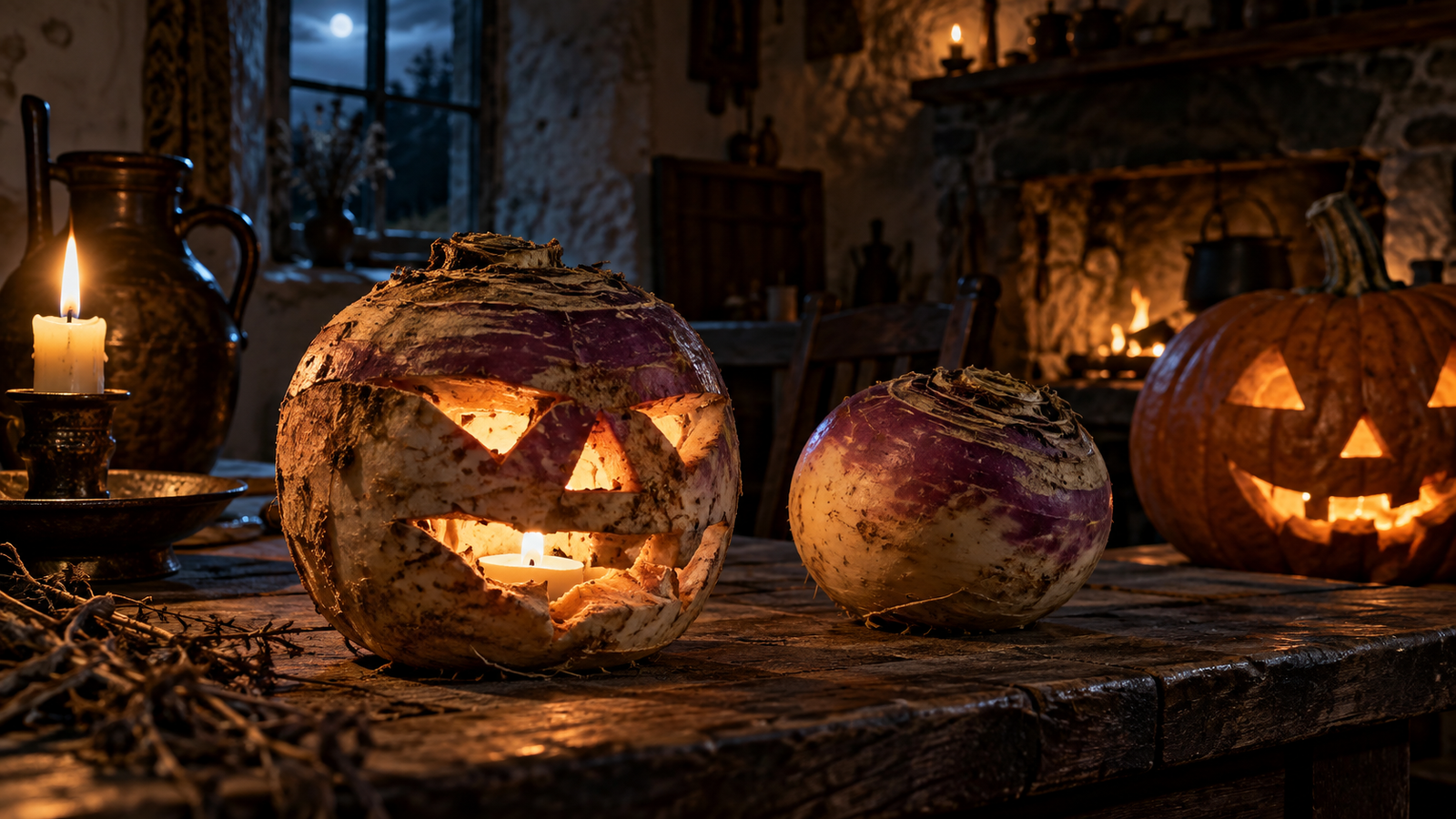 Linterna de nabo y calabaza en un interior rural