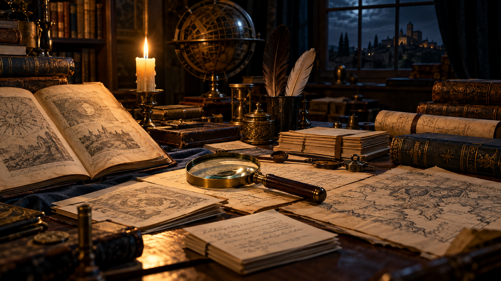 Mesa de investigación con libros y documentos